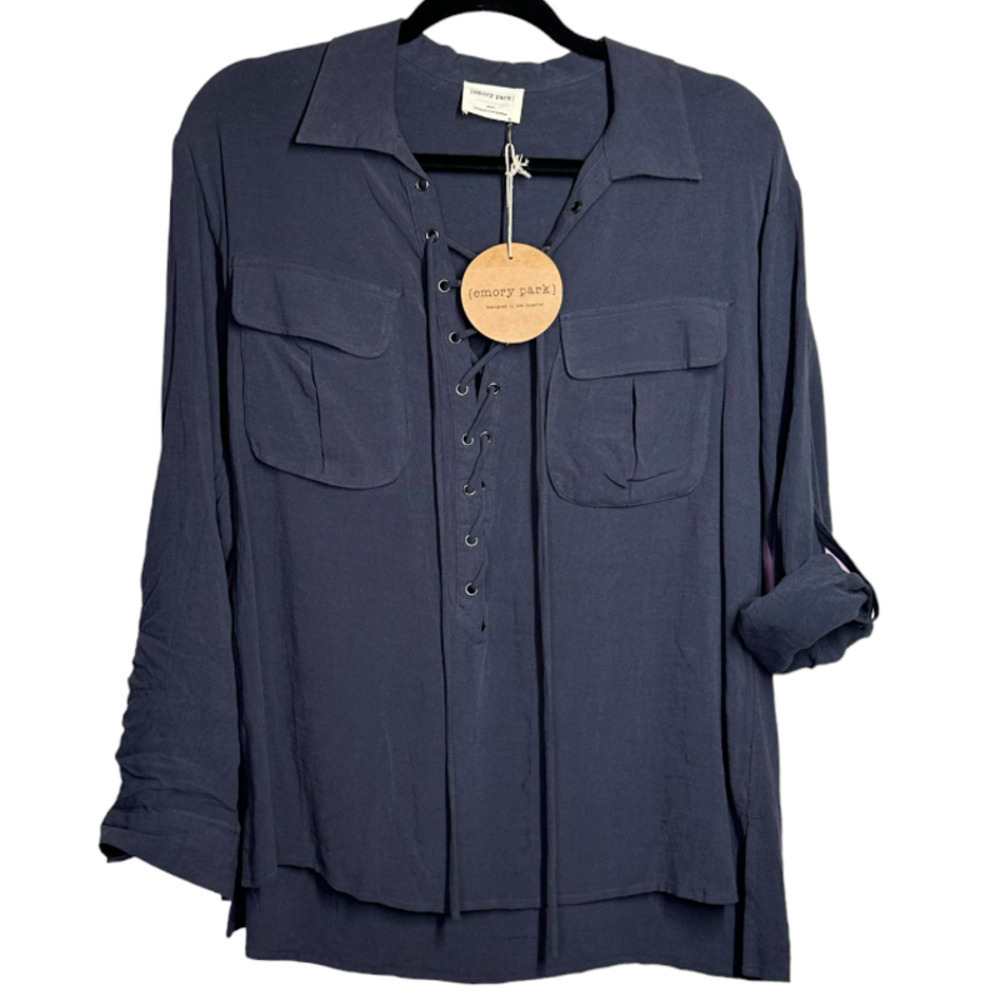 Emory Park New With Tags Roll Tab Sleeve Lace Up Blouse Linen Tunic Gray Size S